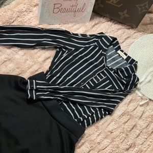 Cold Shoulder Asymmetrical Black and White Blouse